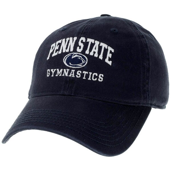 navy twill hat with stitched Penn State, Athletic Logo, and Gymnastics